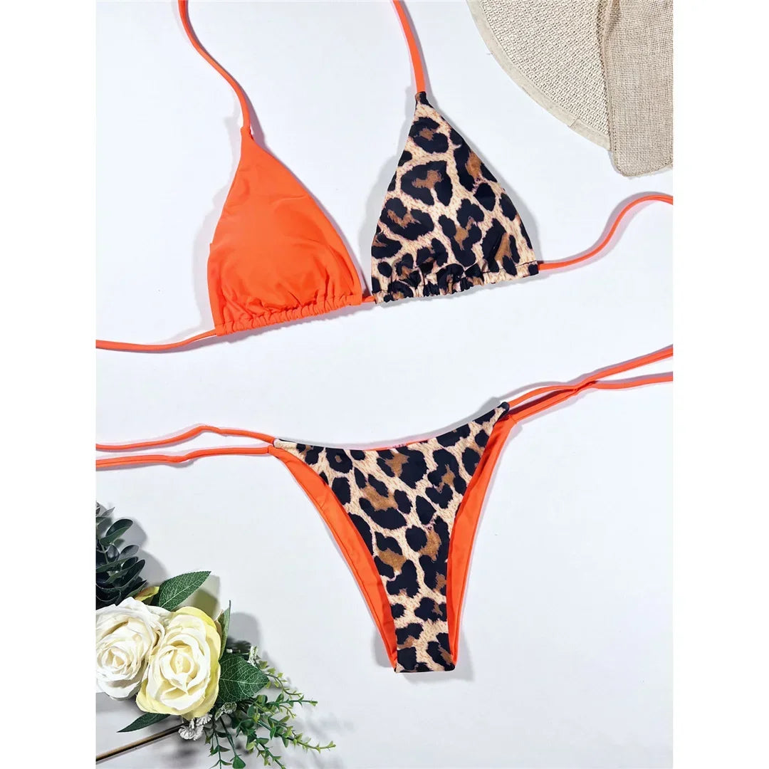 Halter Splicing Leopard Bikinis 2026 Satin Bikini Female Swimsuit Women Swimwear Two-pieces Bikini Set Micro Bathing Suit Swim