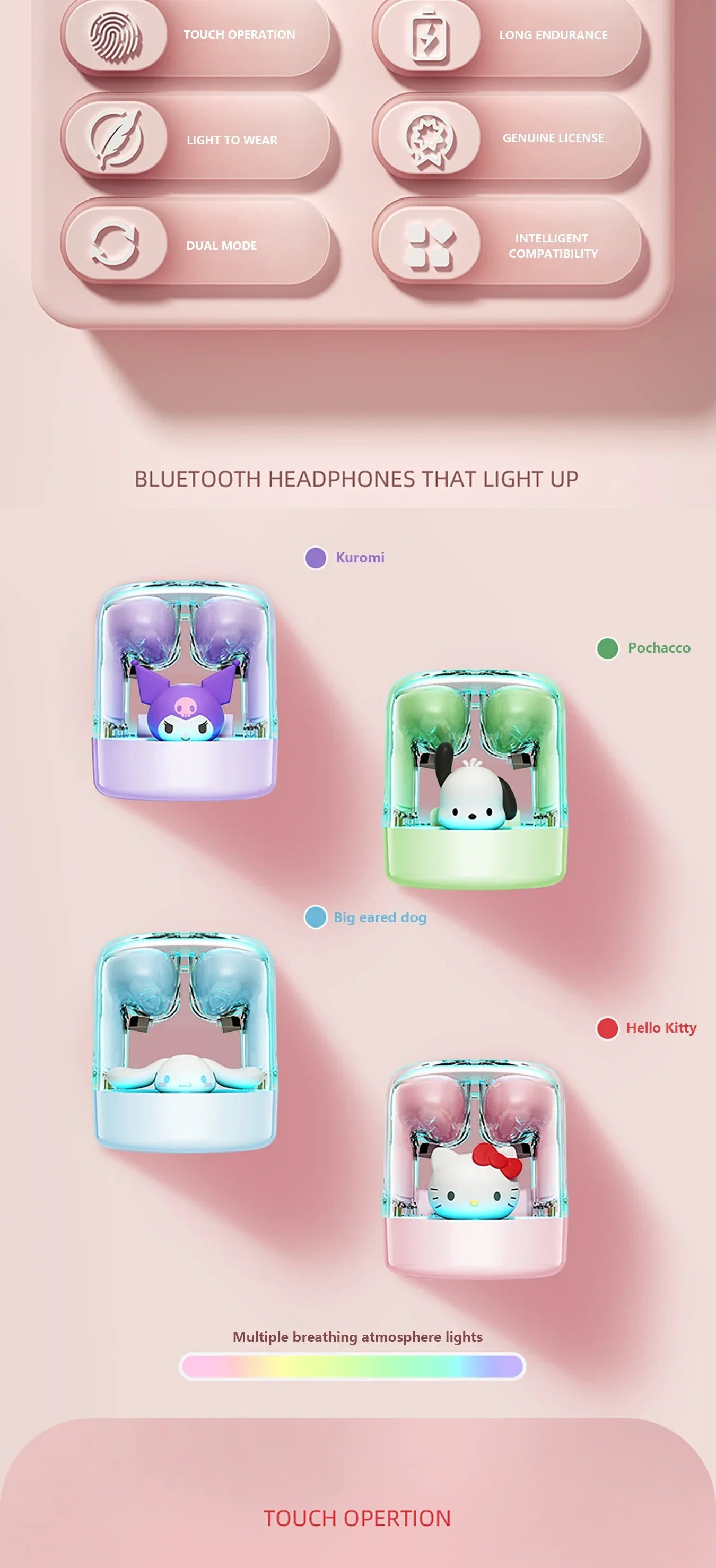 Sanrio EJ-986 TWS Earbuds Kuromi Hello Kitty Wireless Earphones Bluetooth Transparent Warehouse HIFI Sound Headsets Long Battery