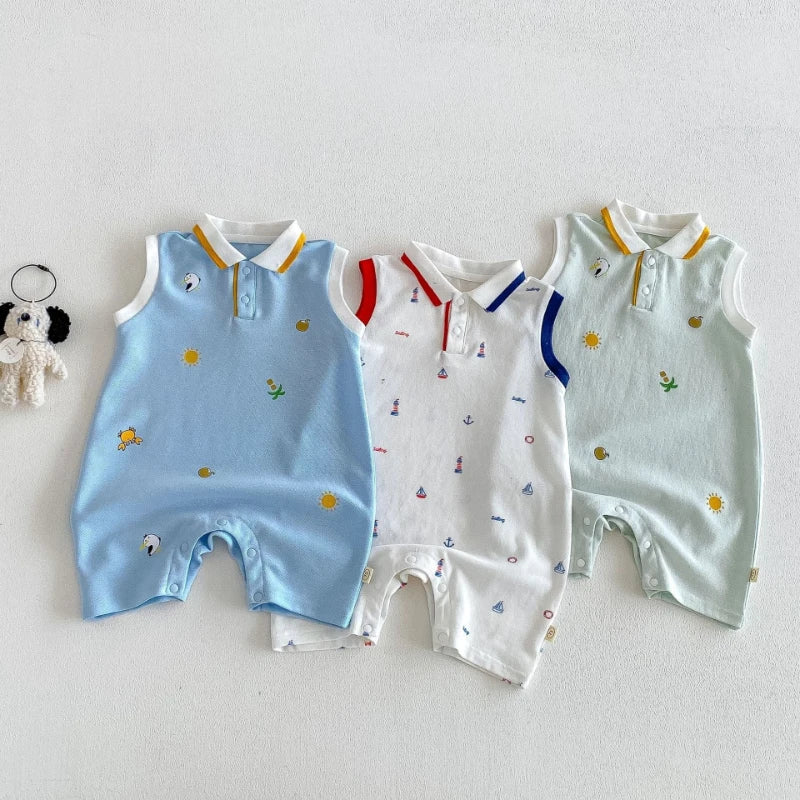 2026 New Summer Baby Fashion Cartoon Printed Cotton Soft Sticky Collar Sleeveless Climbing Clothes