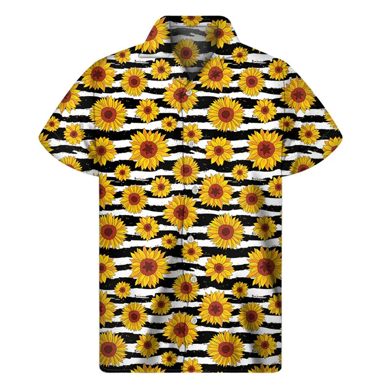 3d Plants Sunflower Print Shirt For Men Fashion Classic Short Sleeve Summer Vacation Shirts Breathable Tops Hawaiian Shirts