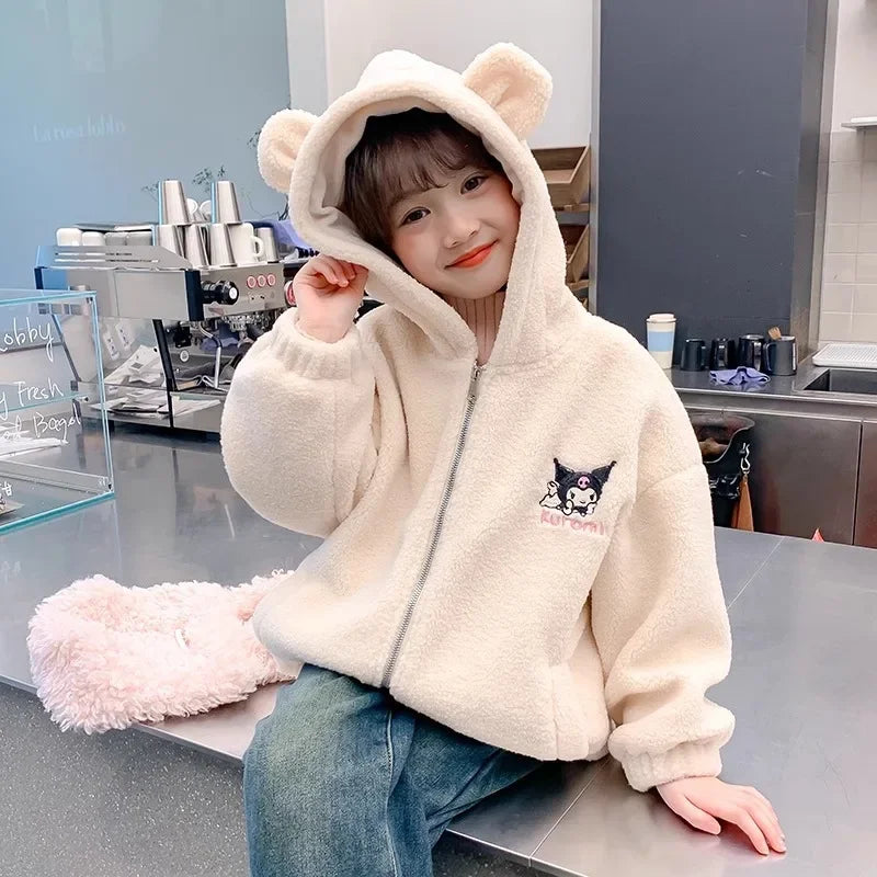 Winter 2025 New Cartoon Sanrio Kuromi Girls' Velvet Jacket Plus Velvet Children'S Polar Fleece Hooded Clothes Girls Winter Cloth