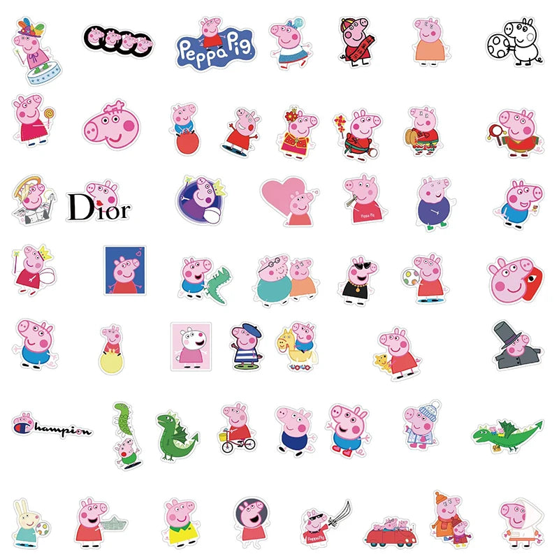 51pcs Peppa Pig Sticker Children's Cartoon Doodle Sticker Pen Box Water Bottle Refrigerator Bag Wall Decoration Small Gifts Toy