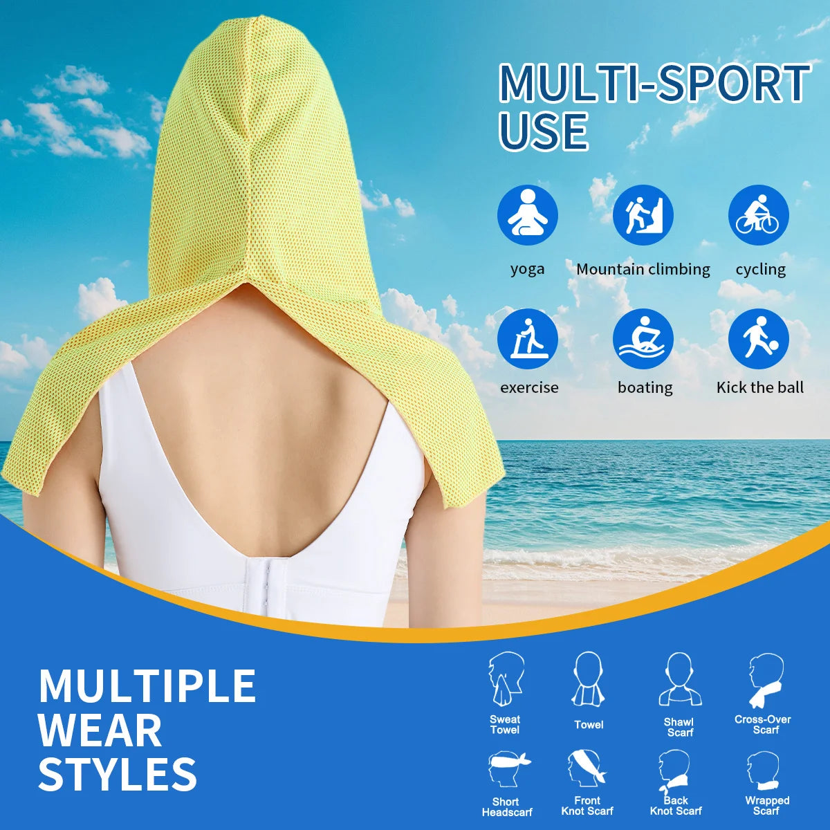 Cooling Hoodie Towel- Hood Towel, Evaporative Cool Technology, Cools Instantly When Wet, , Great for Sports, Fitness, Gym