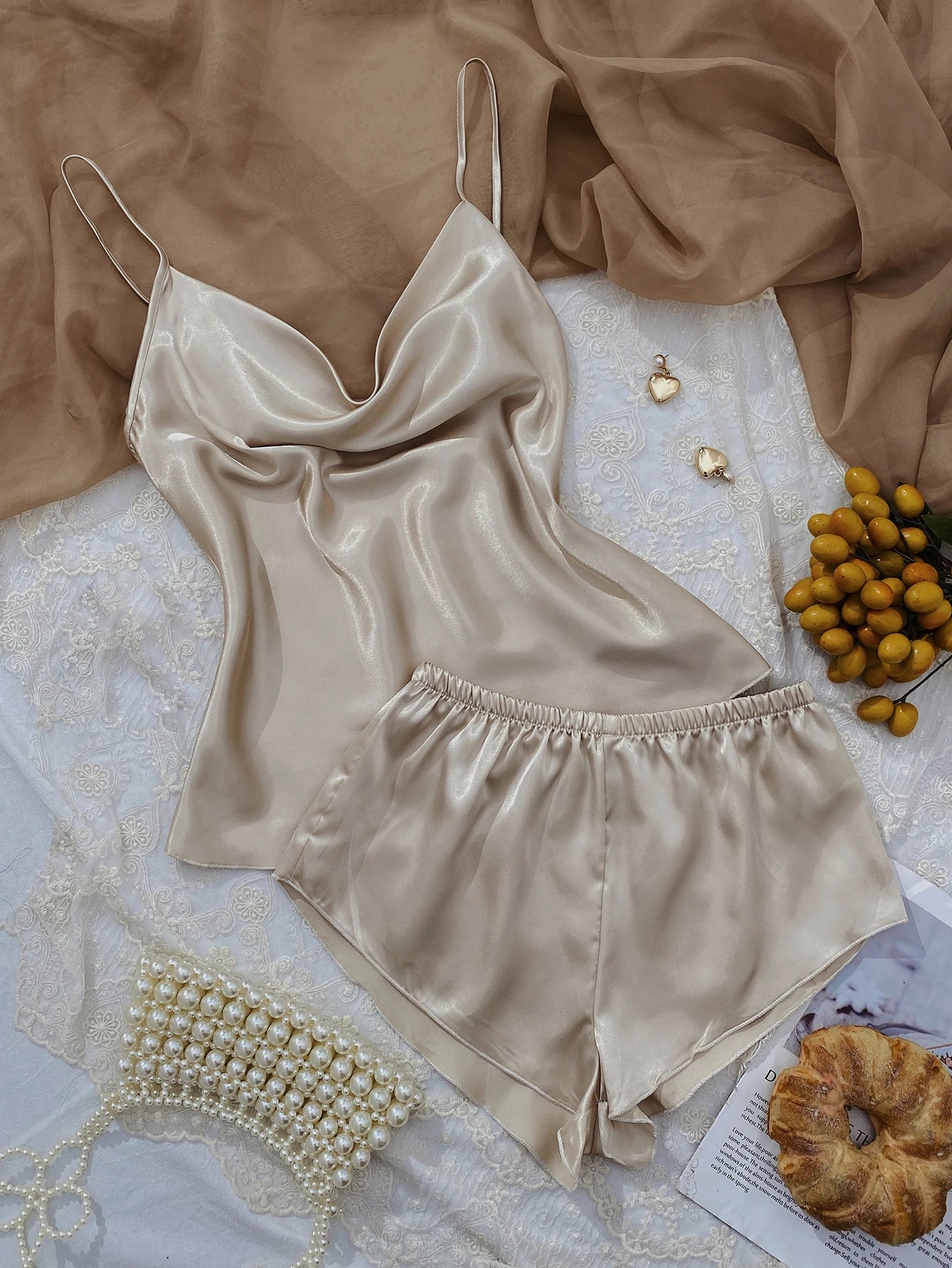 Solid Satin Pajama Set  V Neck Cami Top   Elastic Waistband Shorts Women's Sleepwear  Loungewear