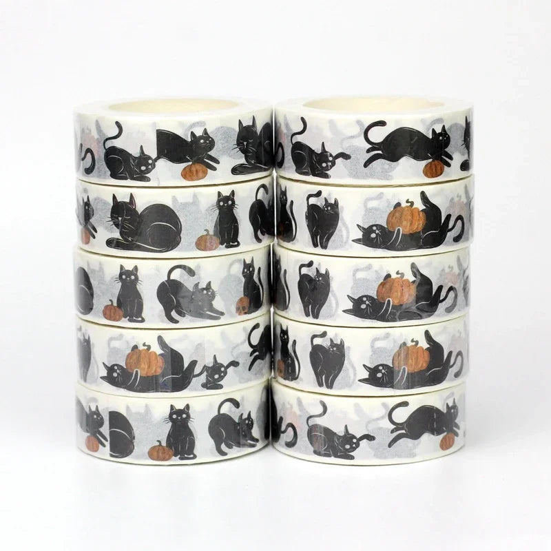 1pc 10M Deco Bat Rose Skull Black Cat Haunted House Halloween Masking Washi Tape Set for Scrapbooking Cute Journal Stationery