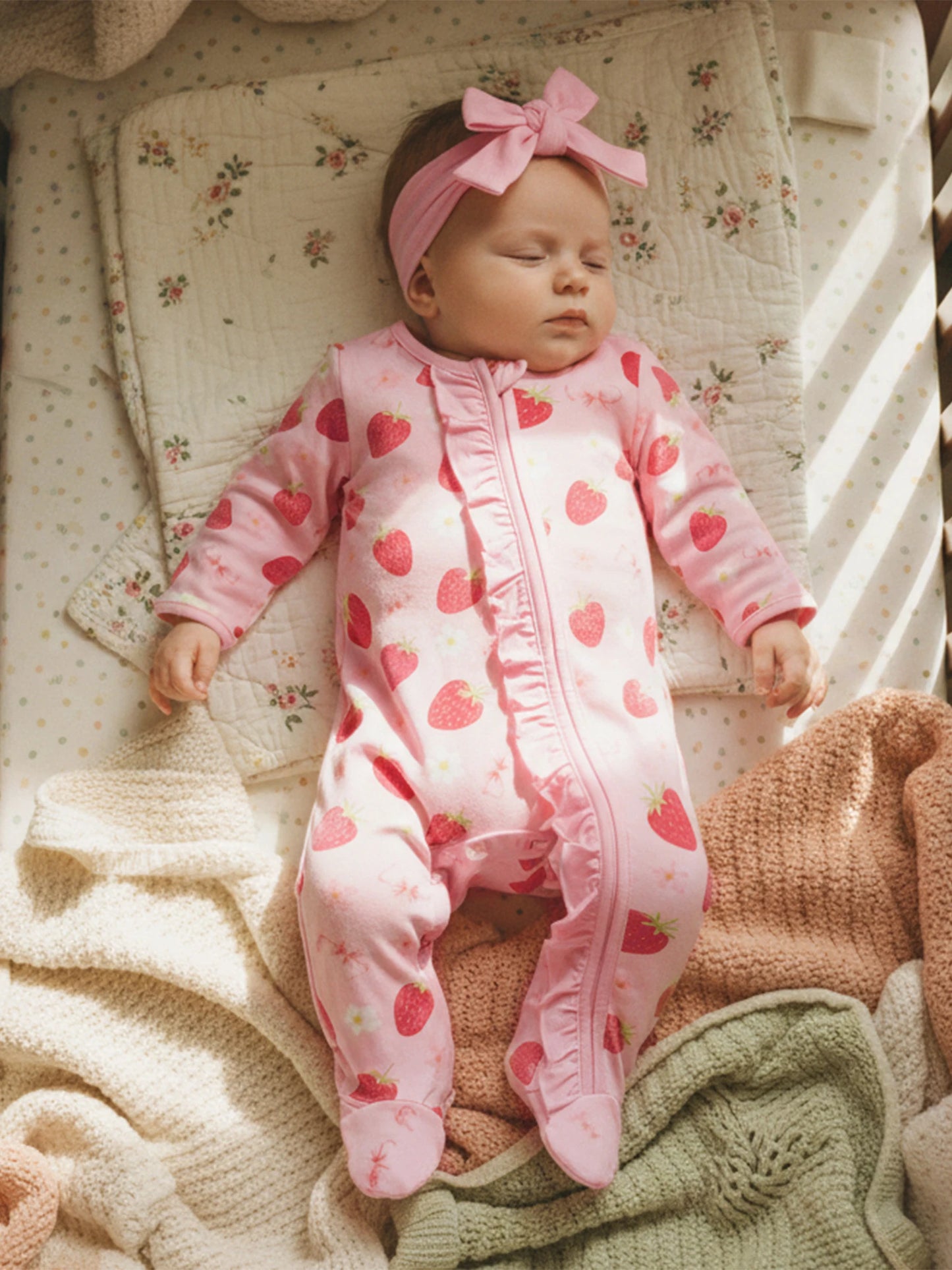 Newborn Baby Girl Footed Romper Strawberry Bow Print Long Sleeve Zip Up Round Neck Ruffled Jumpsuit with Headband