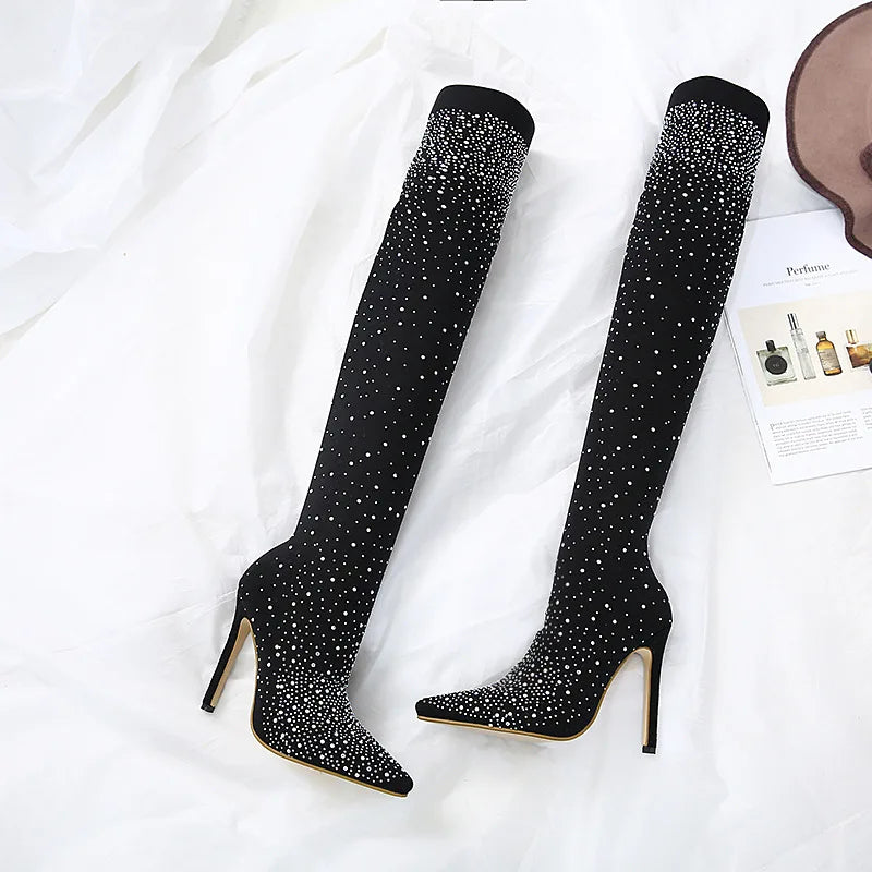 Design Crystal Rhinestone Stretch Fabric Sexy High Heels Sock Over-the-Knee Boots Pointed Toe Pole Dancing Women Shoes