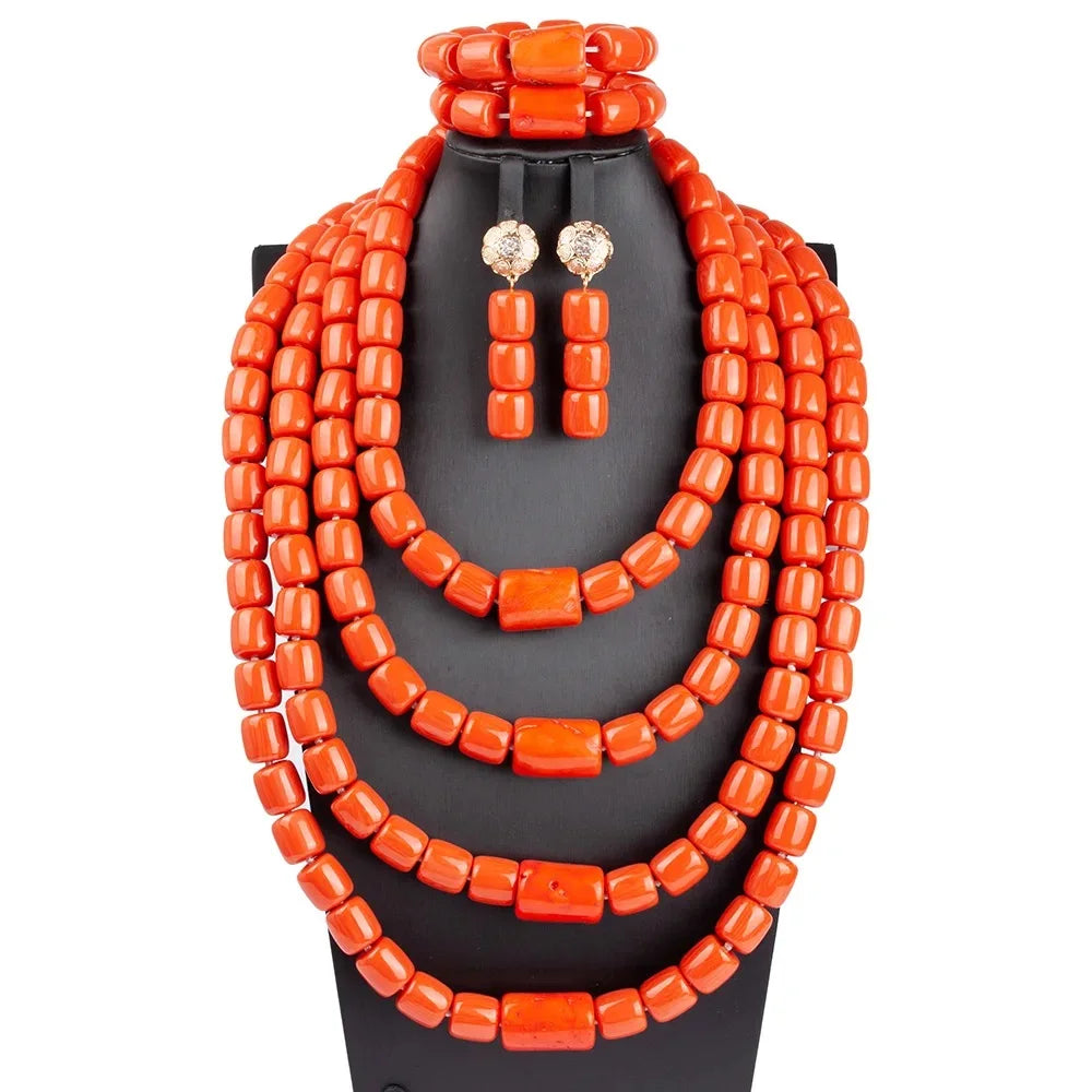 32 inches Long Orange Beads African Jewelry Set Women Bridal Party Costume Necklace Jewelry Set