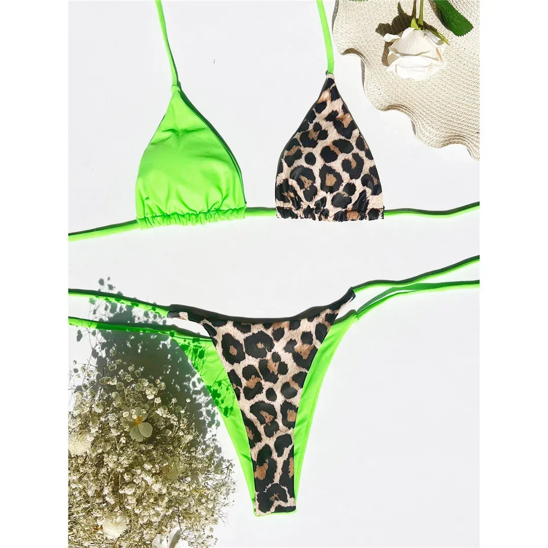 Halter Splicing Leopard Bikinis 2026 Satin Bikini Female Swimsuit Women Swimwear Two-pieces Bikini Set Micro Bathing Suit Swim
