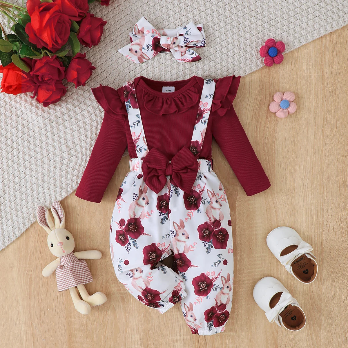 3PCS Clothes Outfits for 1-24Months Newborn&Toddler Baby Girl Long Sleeves Romper+Flower Strap Pants Cute Christmas Costume