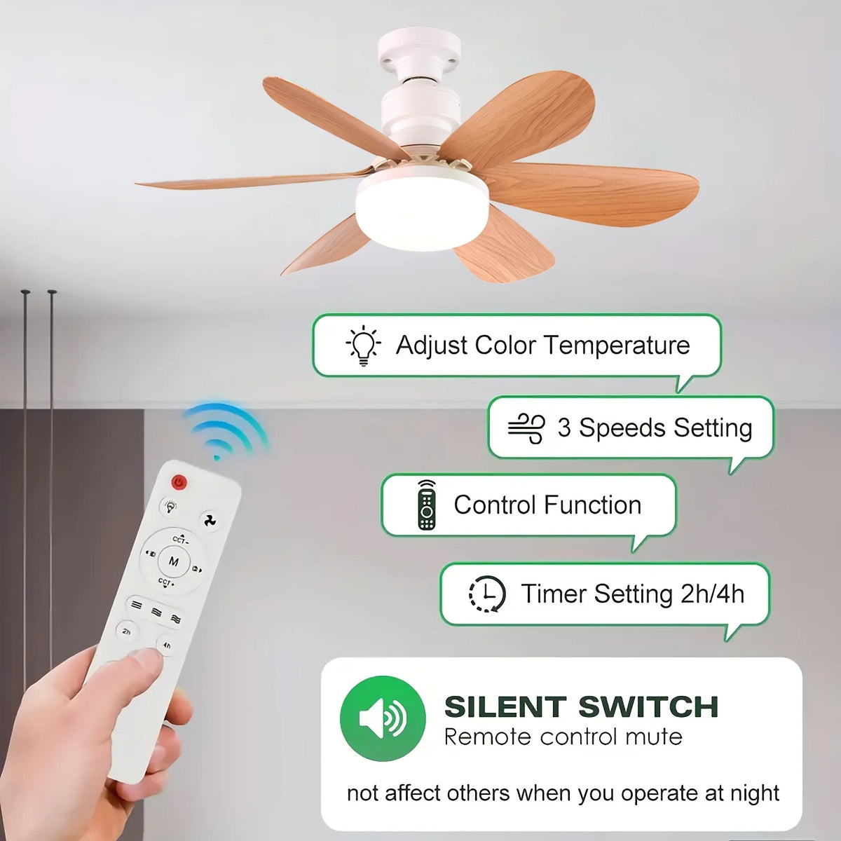 E26/E27 Lamp Holder Fan Light, Smart Ceiling Fan with Light and Remote Control, Easy to Install, Suitable for Bedrooms, Kitchens
