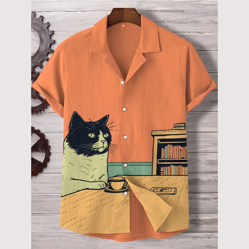 Summer Men's Shirt Animal Pattern Print Cat Shirts Casual Short Sleeve Streetwear Fashion Oversized Male Clothing Cardigan Top