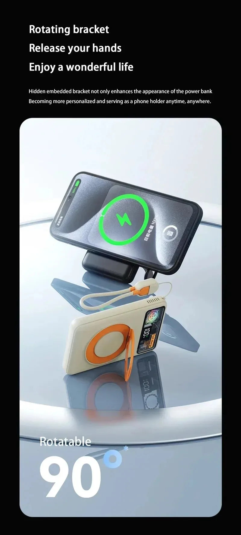 Lenovo10000mAh Magnetic Power Bank Portable Wireless Charger With Cable Fast Charging External Battery Stand For iPhone Xiaomi