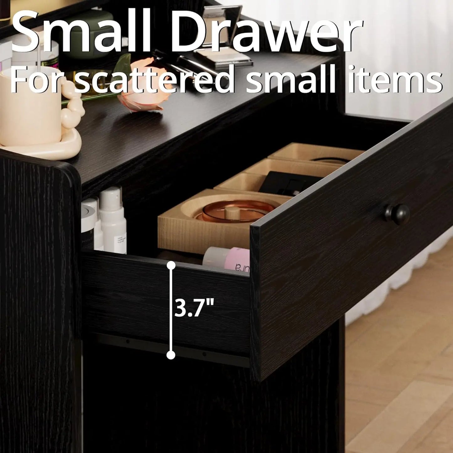 Small Makeup Vanity Desk with Mirror and Lights, Vanity Table Set with Storage Drawer, Chair and Three Shelves, Bedroom, Black