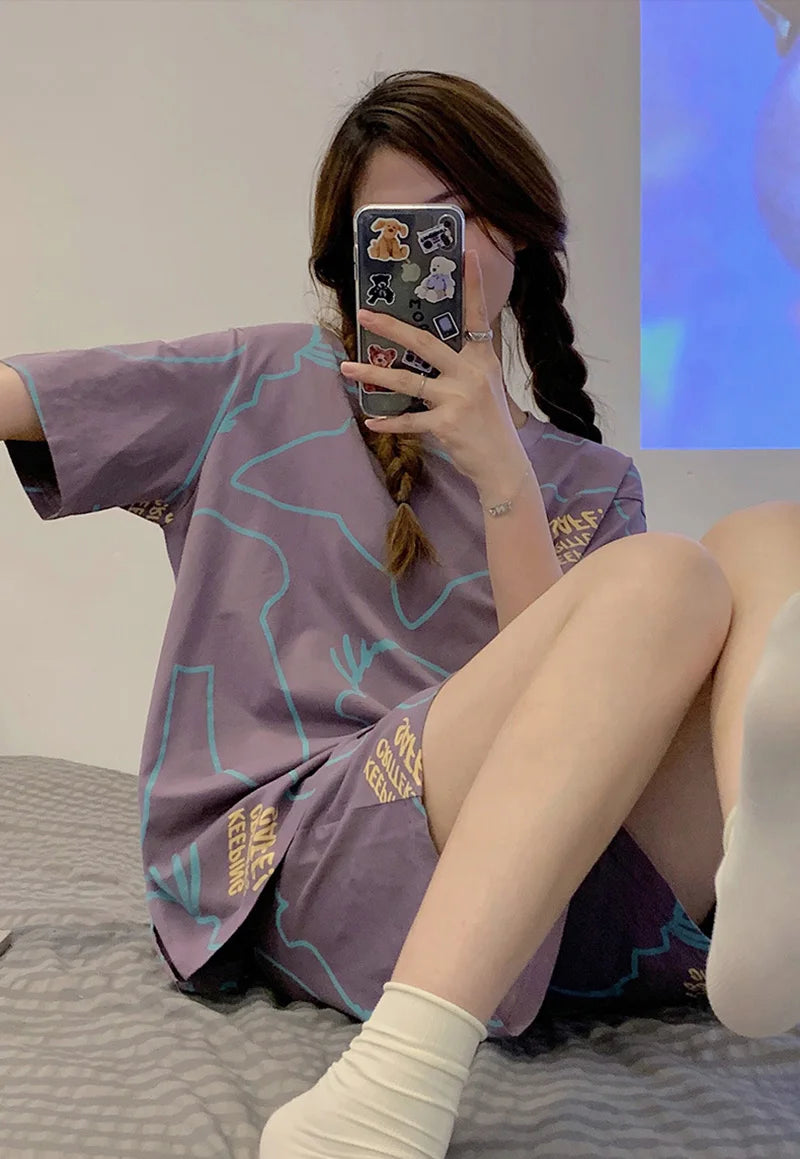 New Women's Pajamas Two-Piece Summer Thin Section Of Short-Sleeved Shorts Cute And Comfortable Milky Outwear Homewear Suit