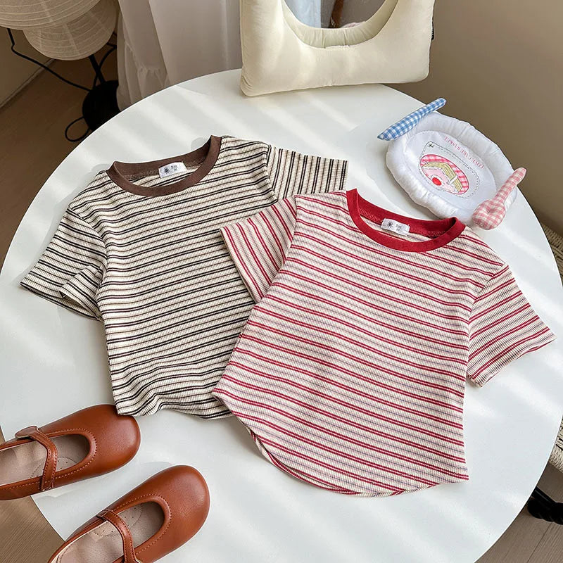Children's Short Sleeve Boys Girls Summer New Striped T-shirt Baby Thin Bottoming Shirt Casual Wear