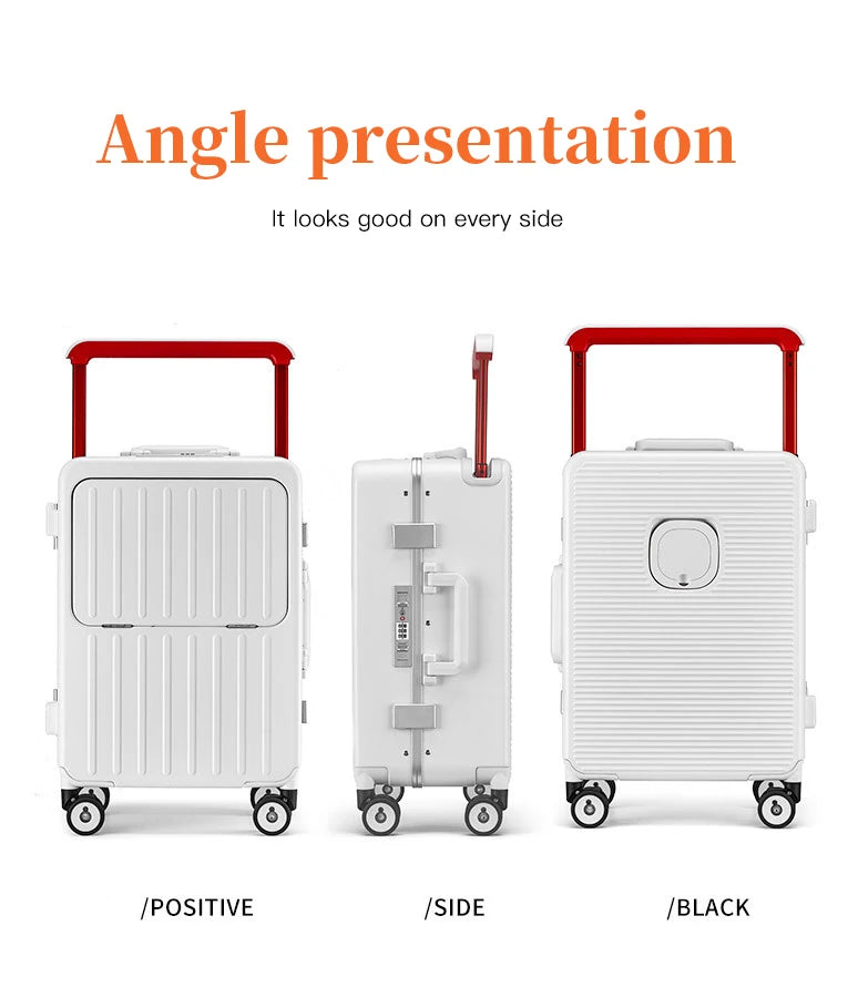 24-inch luggage with an aluminum frame, wide pull rod and front opening, as well as a high-value 20-inch travel suitcase (pull r