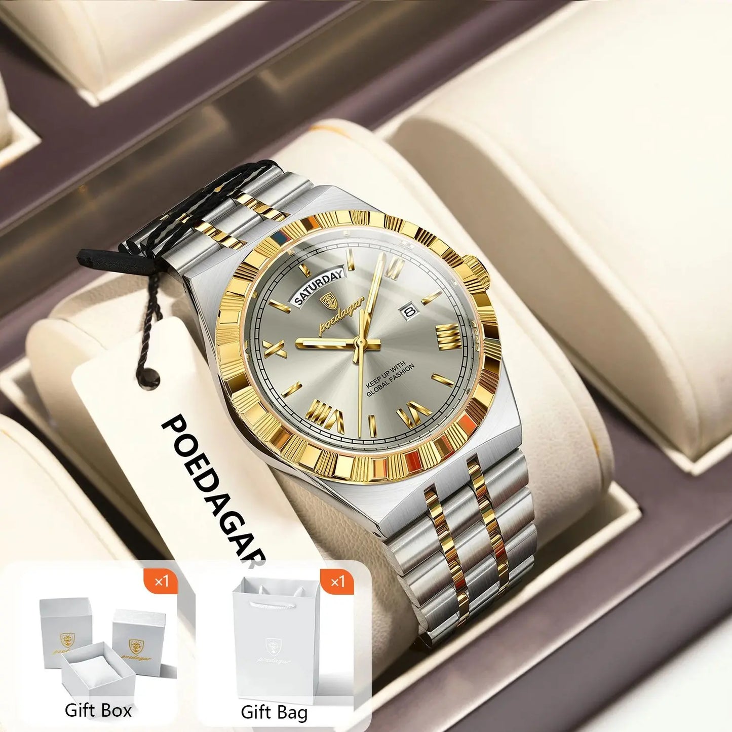 POEDAGAR Original Male Watch Luminous Waterproof Week Date Men Wristwatch Stainless Steel Business Quartz Men's Watches Gift+Box
