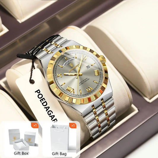 POEDAGAR Original Male Watch Luminous Waterproof Week Date Men Wristwatch Stainless Steel Business Quartz Men's Watches Gift+Box