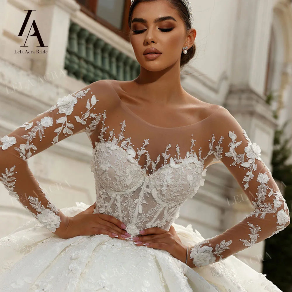 LelaAcra 3D Flowers Wedding Dress 2026 Long Sleeve Sweetheart Luxury Ball Gown Princess Bride SM161 Plus Size Vestido de Noiva