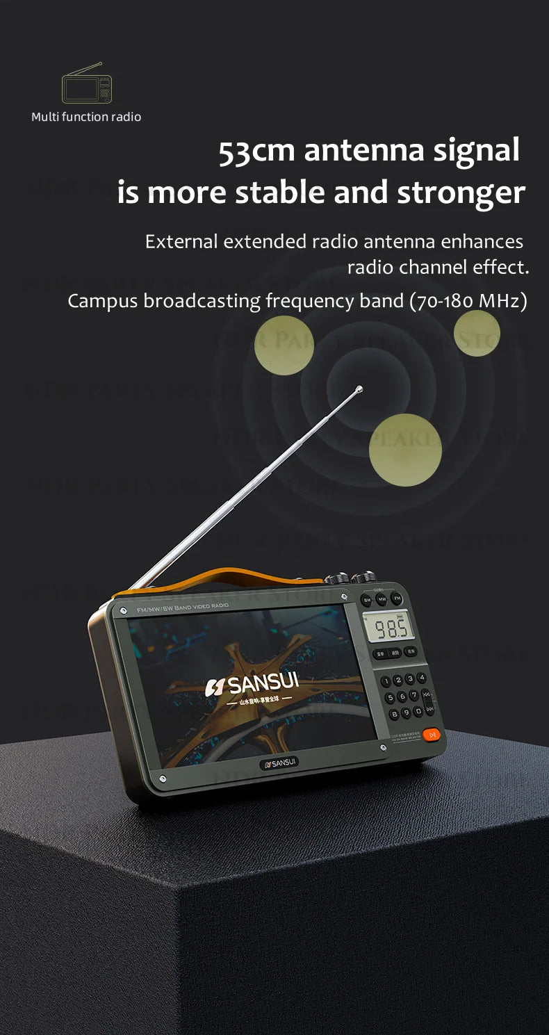 SANSUI Portable FM/MW/SW Radio 7-inch HD LED Display Radio Wireless Bluetooth Speakers Dual TF Card Slot MP4 Video Music Player