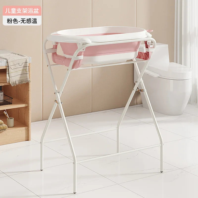 Foldable Baby Bathtub with Stand Set Newborn Bath Station No Bend Heightened Rack Infant Bath Tub with Drying Clothes Stand