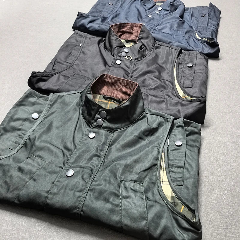 2026 Autumn Winter New American Retro Sleeveless Cargo Vest with Oil Wax Men's Multi-pockets Casual Heavyweight Waterproof Coat
