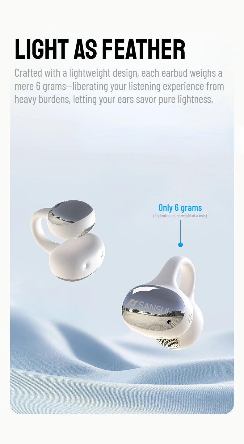 SANSUI W68 OWS Ear Clip Headphones Air Conduction Bluetooth 6.0 Earphones Dual ENC Clear Call TWS Wireless Earbuds with APP