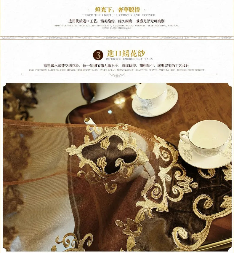 Embroidered Chenille Velvet Curtains for Living Room Bedroom European Modern Brown Gold Sheer Tulle Windows Backdrop Valance