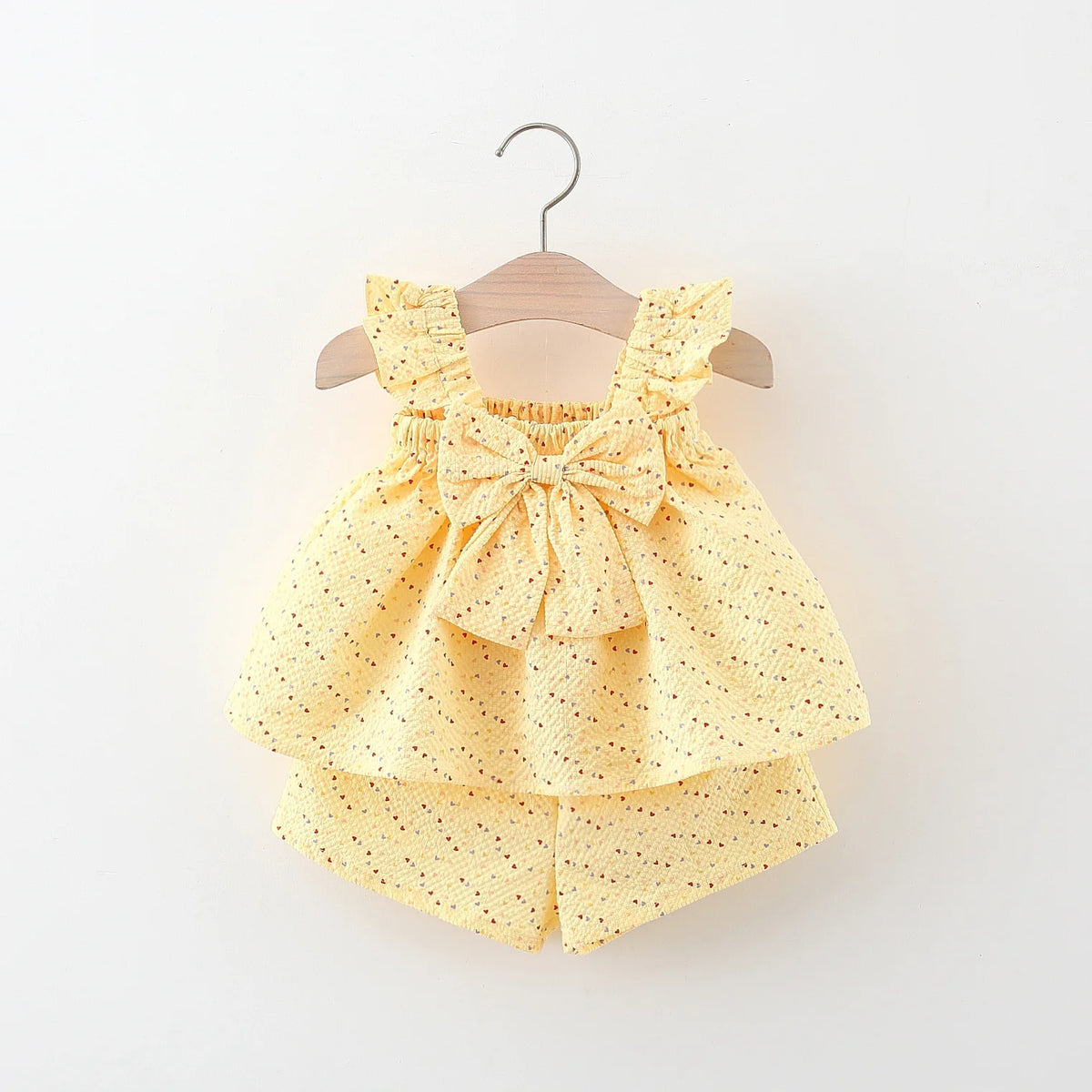 2pc/Set Baby SetS Summer Cotton Bow Top And Shorts Baby Clothing Adorable All-Over Heart Print Girl's Beach Set