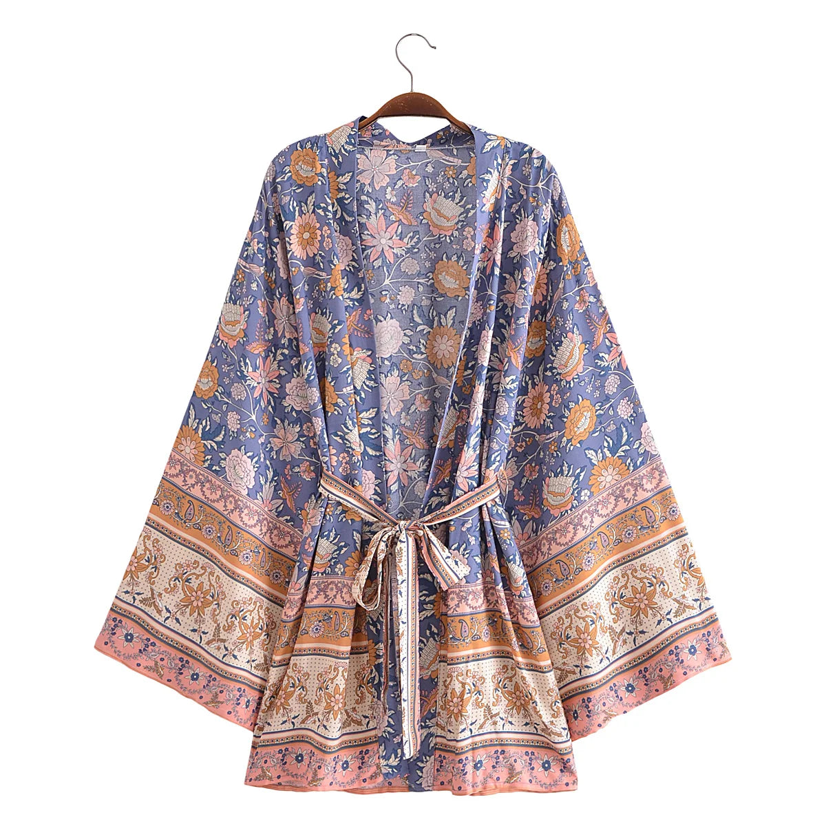 BOHO Women Blue With Pink Flower Print Kimono Shirt Holiday Tide Bow Sashes Mid Long Cardigan Summer Blouse Beach Cape