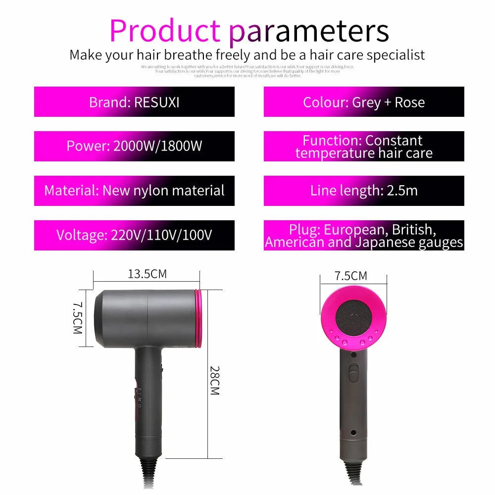 Professional Hair Dryer Strong Wind Hot Air Cold Air Ion Salon HairDryer 2000w Brush Negative Ion Blow Dryer with Diffuser