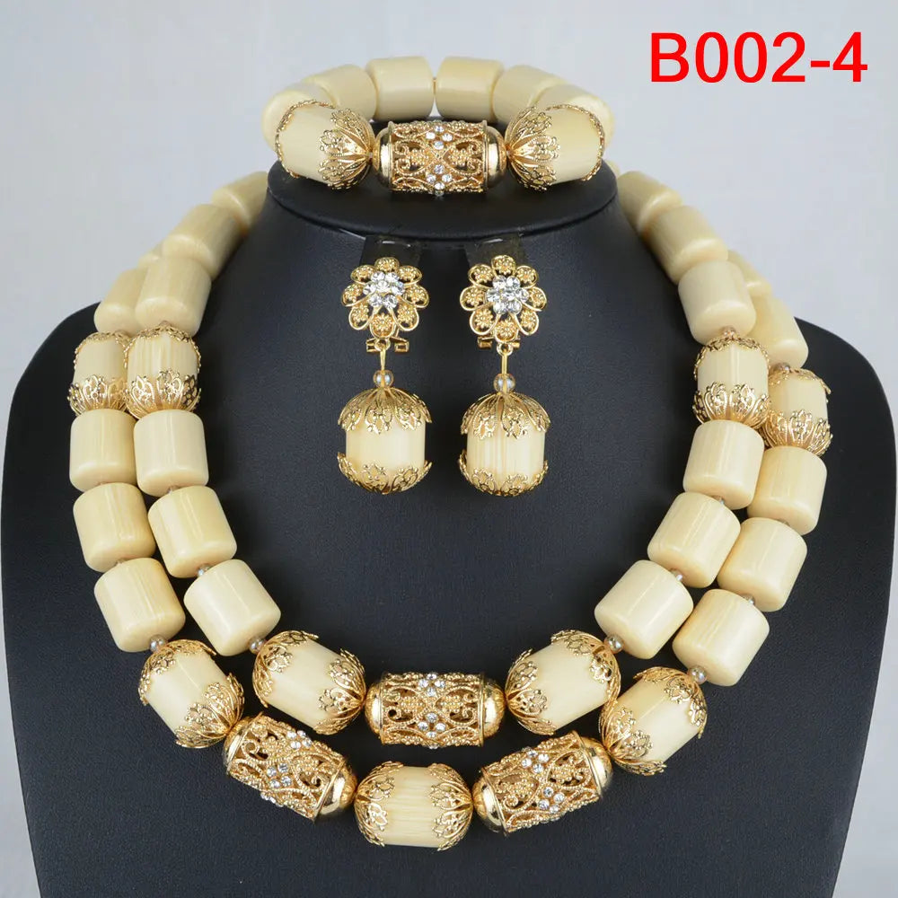 High Quality 2 Layers Artificial Coral Bead African Wedding Jewelry Set Women Necklace Nigeria Bride Party Gift