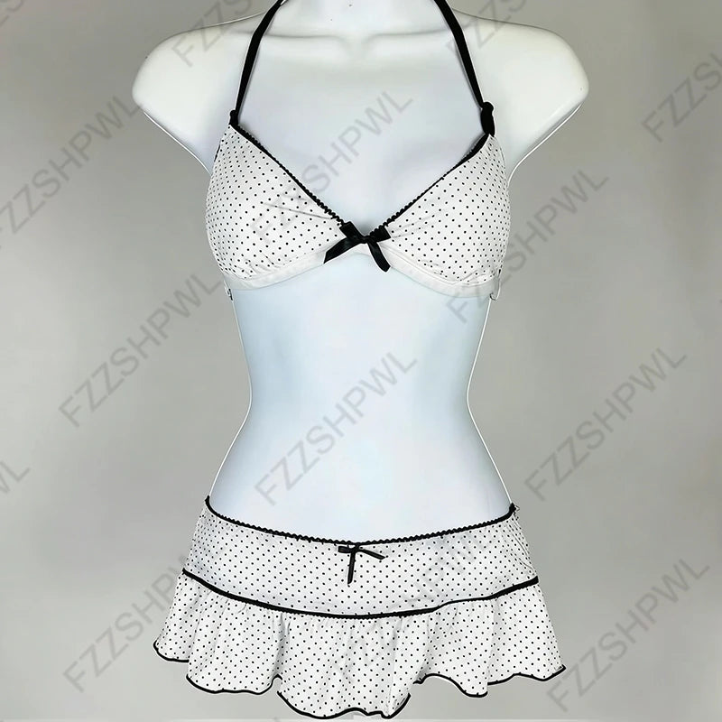 Y2K Harajuku Women's Bikini Set Sexy Slim Fit Polka Dot Print Halter Neck Swimsuit Chic Trendy Fashion Female 2-Piece Beachwear