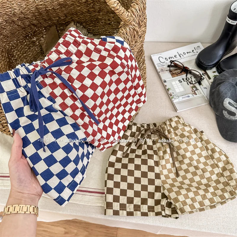 deer jonmi 2023 Summer Korean Style Children Plaid Patchwork Shorts Baby Boys Casual Chic Loose Shorts Kids Clothes
