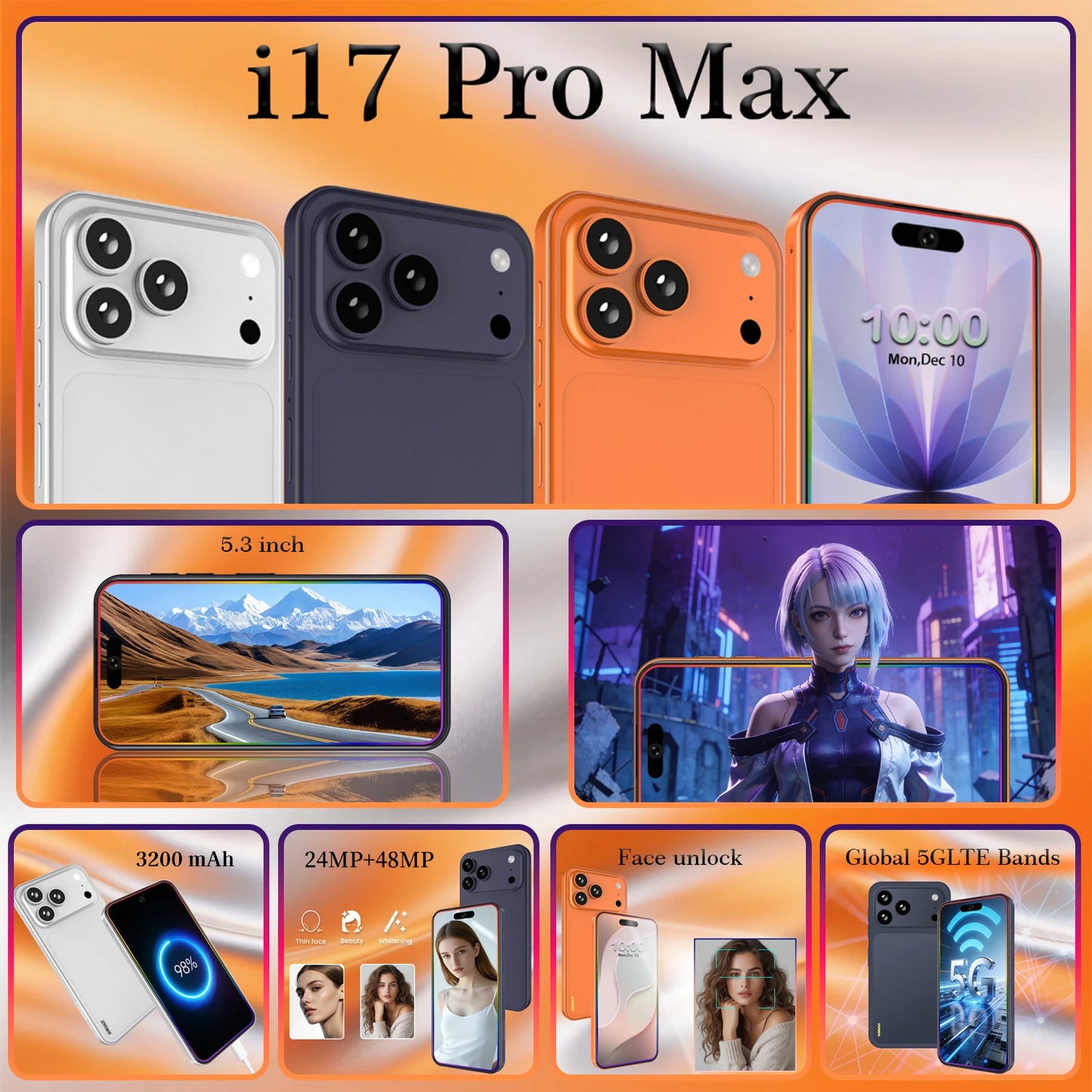 SURGAZE 2026 Global Version i17 Pro Max Smartphone 3200mAh Battery 5.3Inch Phone 5G Network Mobile Phone Arrival