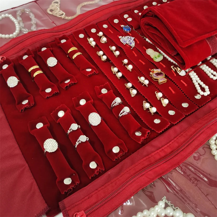 Burgundy Velvet Jewelry Roll Bag Portable Foldable for Necklace Earrings Ring Travel Exhibitions Organizer Storage Bag
