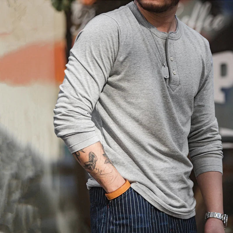 Vintage Daily Stand Neck T-shirt Men's Solid Patchwork Button Trendy Temperament Simple Cotton Long Sleeved Top JJ356