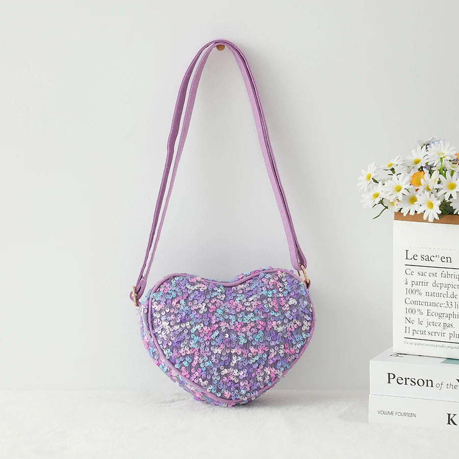Glitter Heart Shape Crossbody Bag For Girls Purple Zipper Sequin Sling Bags For Women Outdoor Travel Mini Purse