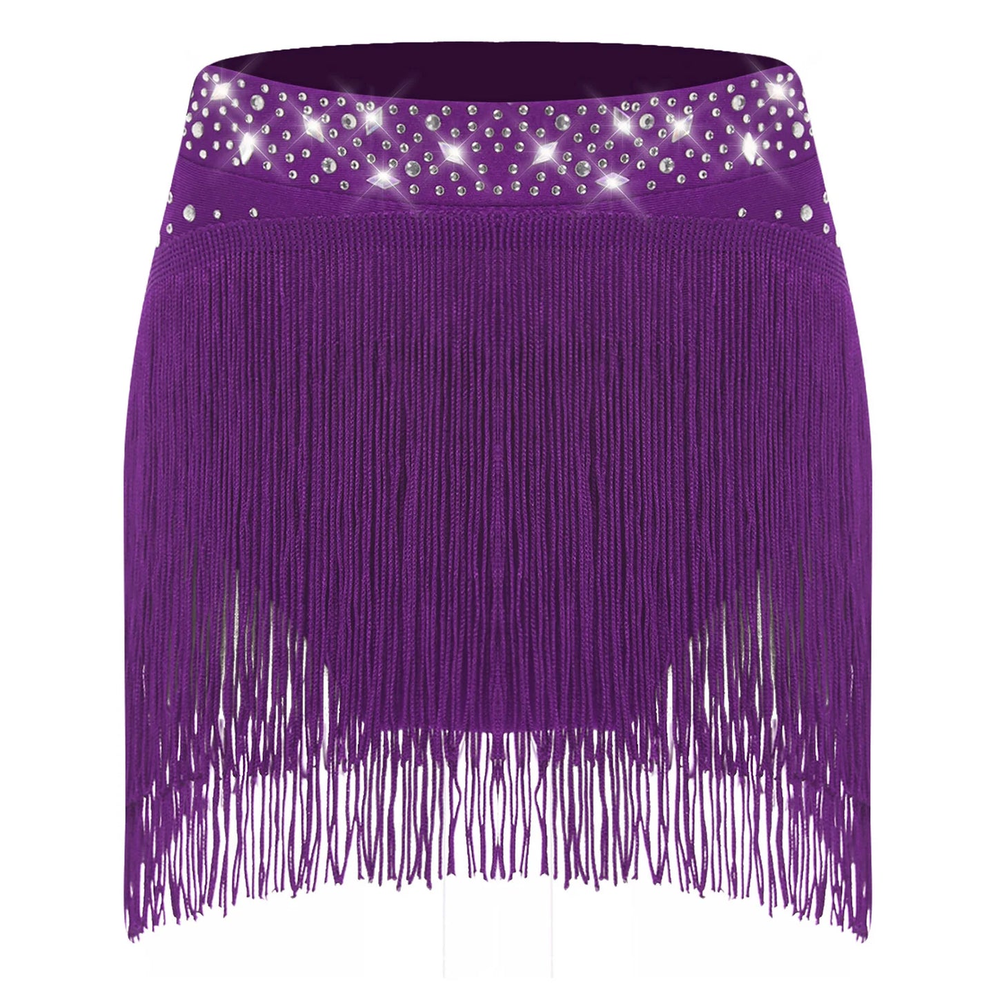 Girls Sparkly Sequins Latin Jazz Tango Dance Skirts Elastic Waistband Fringe Skirt with Safety Shorts Dance Performance Costumes
