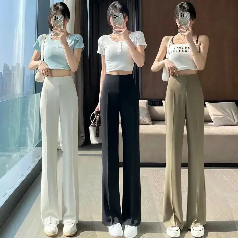 Solid Tailoring High Waist Female Pants Straight Leg Work Loose Clothes Baggy Office Trousers for Women Casual Original Nylon G