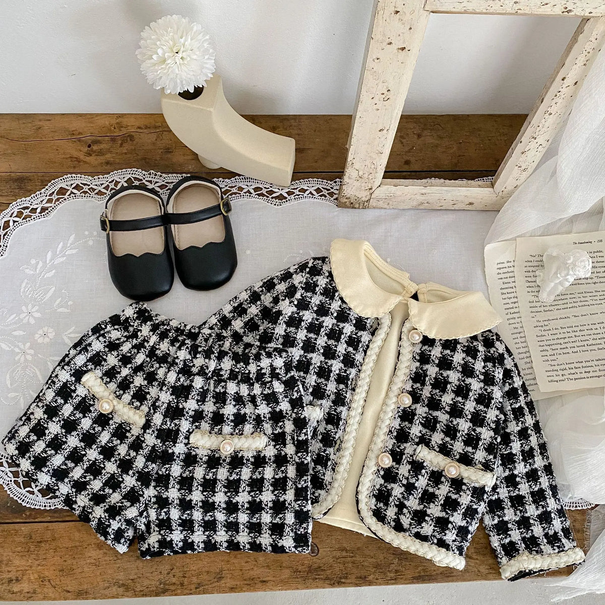 Girl Clothing Set 2026 Spring Baby Tweed Plaid Girl's Two Piece Suit Jacket+ Short Pants Sweet Girl's Suit