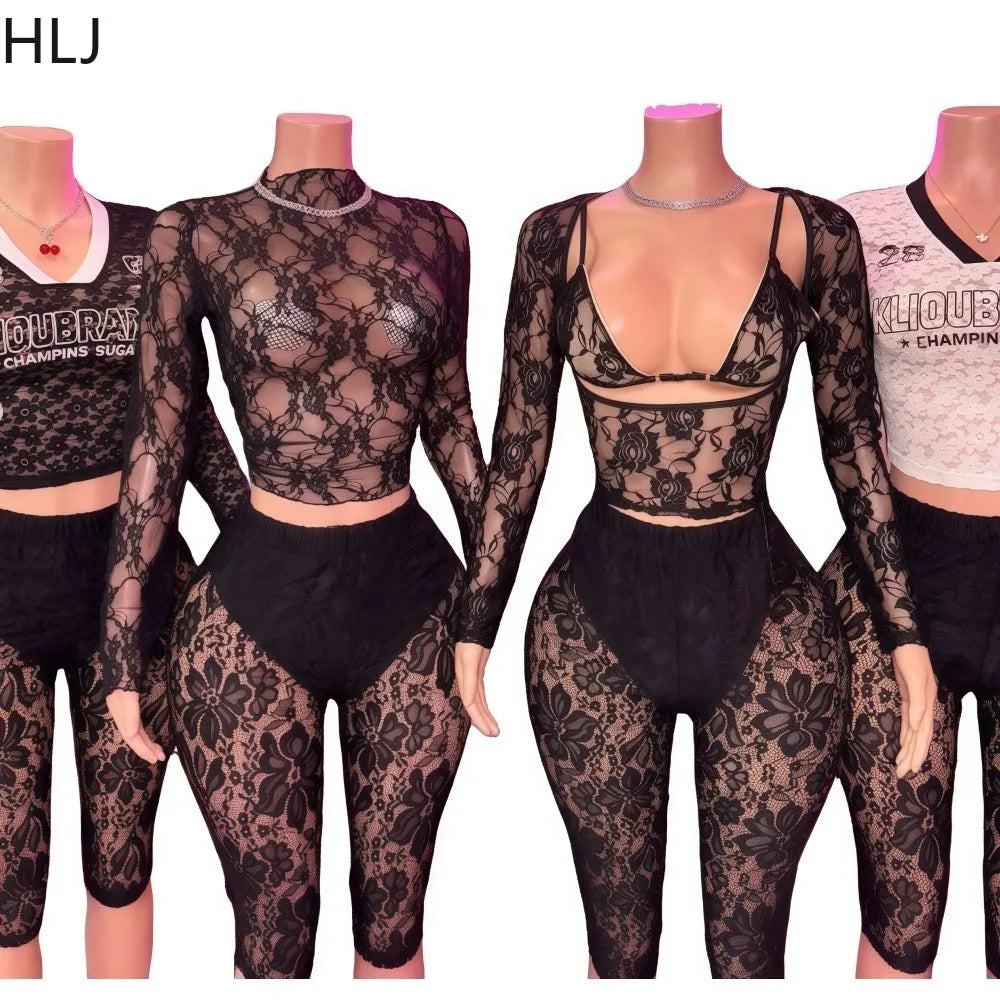 HLJ Y2K Sexy Lace Two Piece Set for Woman Letter Printing See Through Long Sleeve Crop Top + Shorts Suits Female Streetwear New