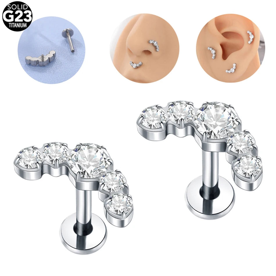 1/5PCS Titanium Ear Studs Cartilage Earrings 5 CZ Stone Labret Ring Stud Helix Cartilage Tragus Piercings Lip Jewelry for Women