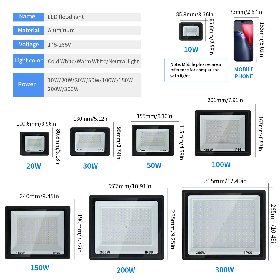 LED Floodlight Spotlight AC220V AC110V Ultra-bright Waterproof Light 10W 20W 30W 50W 100W 150W 200W 300W Garage Factory Lighting