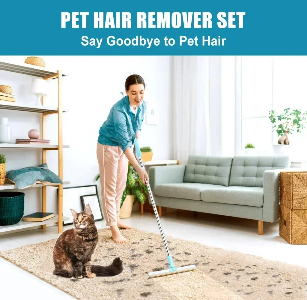 Pet Hair Remover Set Carpet Rake for Pet Hair Removal Adjustable Long Handle Dog Cat Hair Broom Reusable Fur Lint Remover