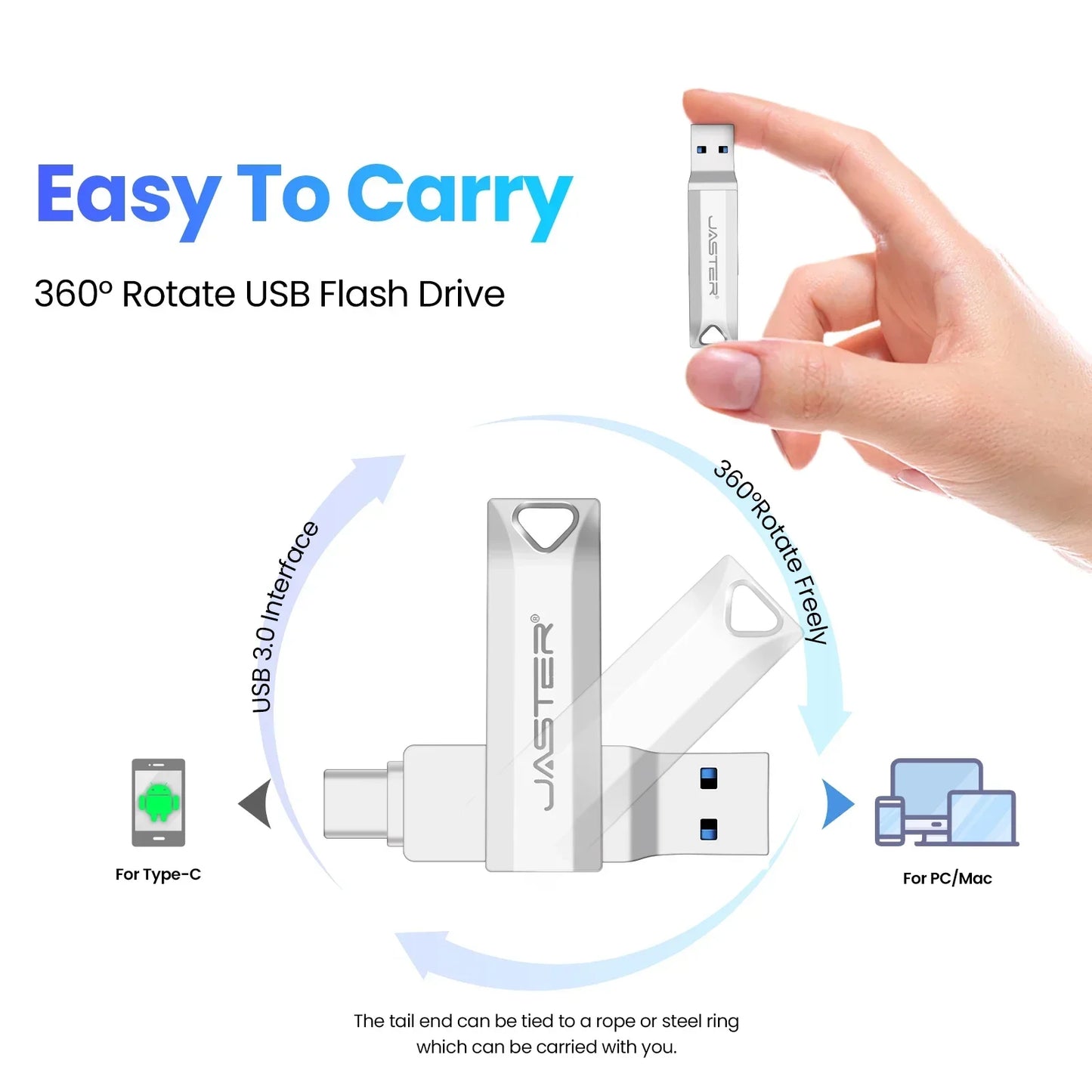 JASTER Silver Metal USB 3.0 Flash Drive 256GB TYPE-C 2 in 1 Memory Stick 128GB High Speed Pen Drive 64GB Rotatable U Disk 16GB