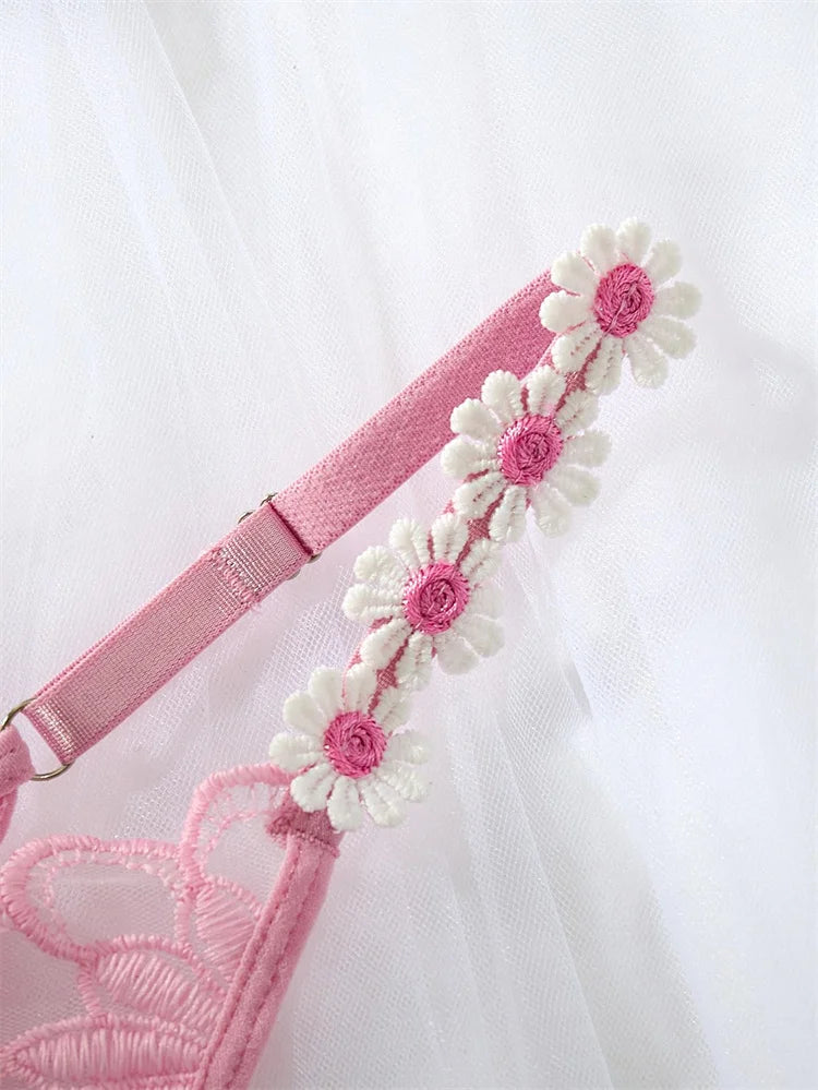 New Sexy Girl Lingerie Floral Embroidery Lingerie Set Pink Fantasy Underwear Ultra Thin Bra Panty Set Translucent Lace Lingerie