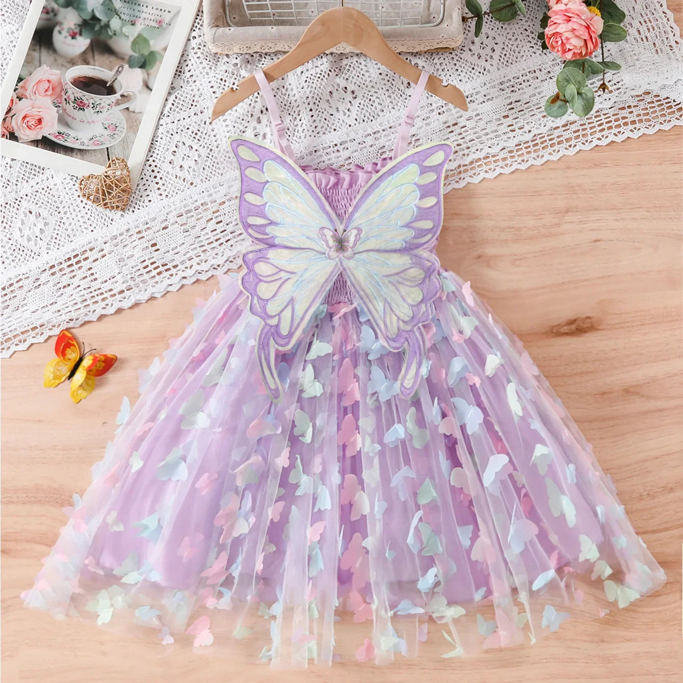 Baby Girls Big Butterfly Wings Gauze Princess Dress Lovely Kids Summer Sleeveless Tulle Sling Dress Children Birthday Party Gown