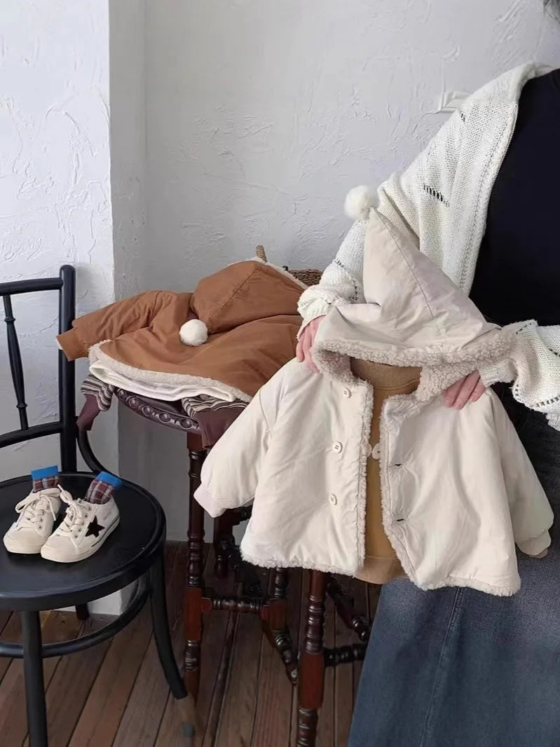 2025 Winter New Baby Warm Lamb Cashmere Hooded Coat Solid Versatile Boys Girls Padded Jacket Plus Velvet Thick Infant Clothes